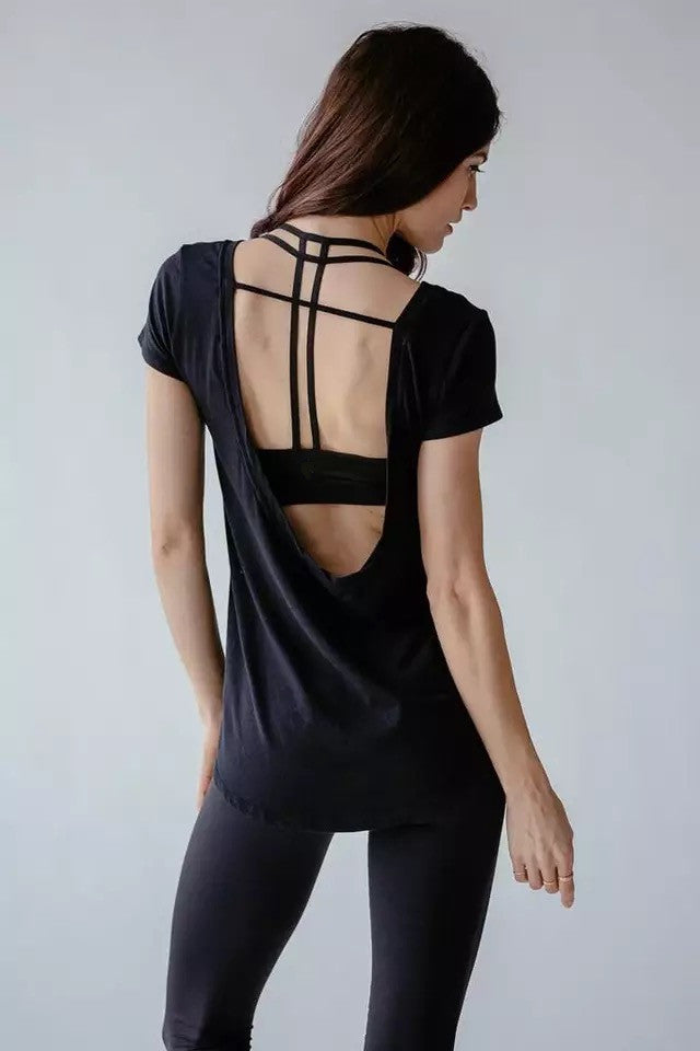 V-neck sexy backless fitness clothing female summer sports short-sleeved long cotton T-shirt quick-drying breathable yoga clothes training shirt