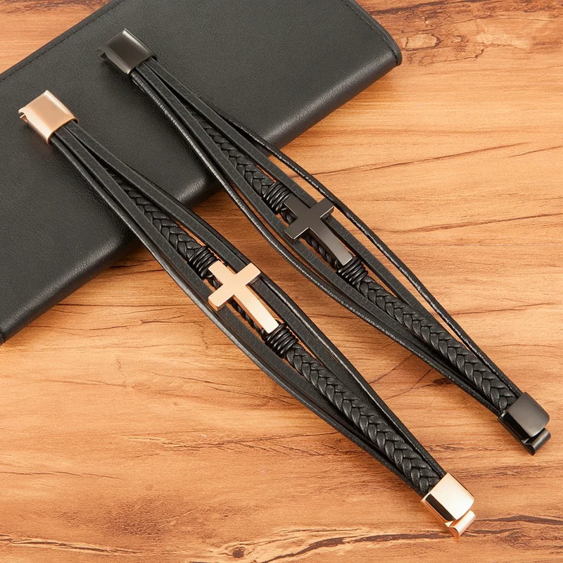 Luxury Multicolor Cross Design Classic Stainless Steel Men's Leather Bracelet Choose Handsome