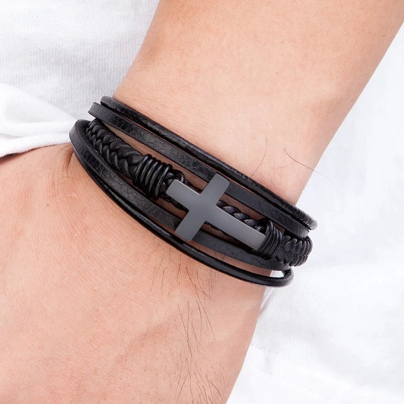 Cross Design Classic Stainless Steel Men's Leather Bracelet