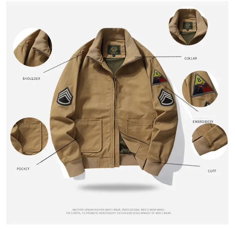 Spring Autumn Men Pilot Military Jackets Embroidery Cotton Coat Stand Collar Zipper Outwear Casual Army Male Tactics Jackets Top