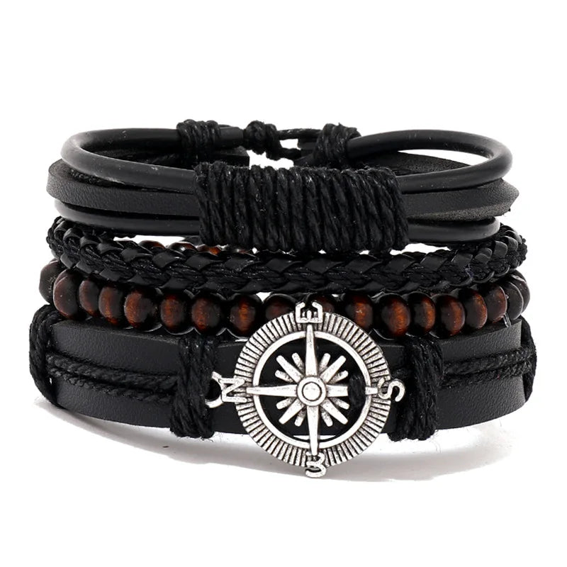Bracelets for Men Vintage Life Tree Rudder Charm Wood Beads Ethnic Tribal Wristband Rope Bracelet