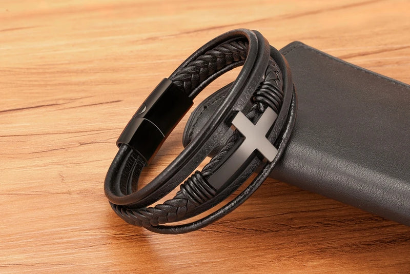 Cross Design Classic Stainless Steel Men's Leather Bracelet